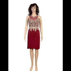 NEW Let’s Fashion burgundy gold embroidered embellished mesh formal mini dress S